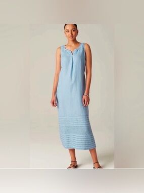NWT Pure Jill Kantha Quilt Stitched Sleeveless 100% Linen Maxi Dress Blue XLP